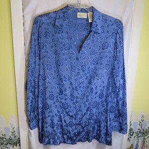 Vintage Kathie Lee Woman Danish Blue Floral Button-Down Blouse 18W/20W